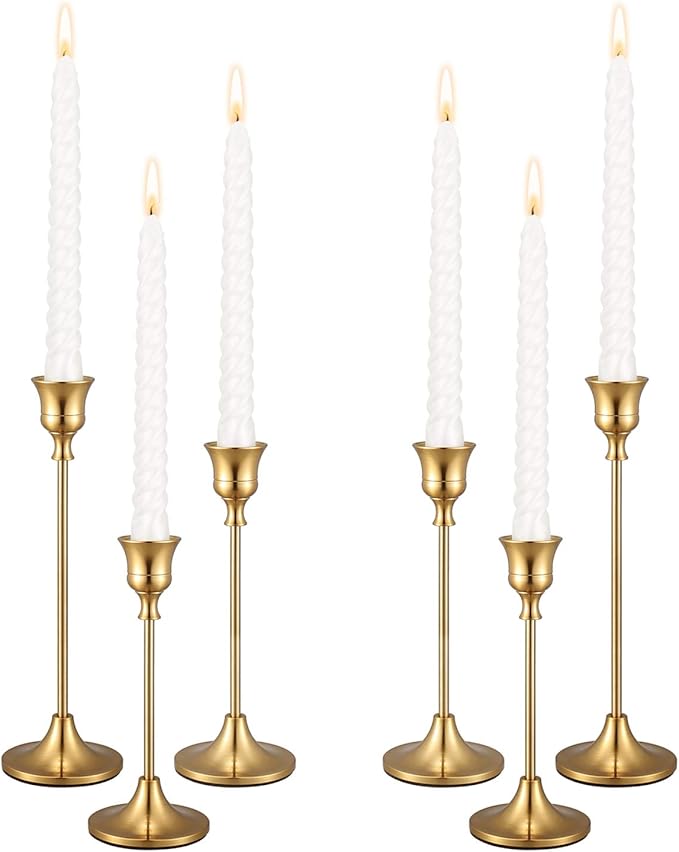 Candle Holders,Set of 6 Candlestick Holders for Taper Candles, Brass Gold Modern Decorative Candle Stick Holder for Table, Mantel, Wedding, Dinning, Housewarming Gift(Candles are not Included)