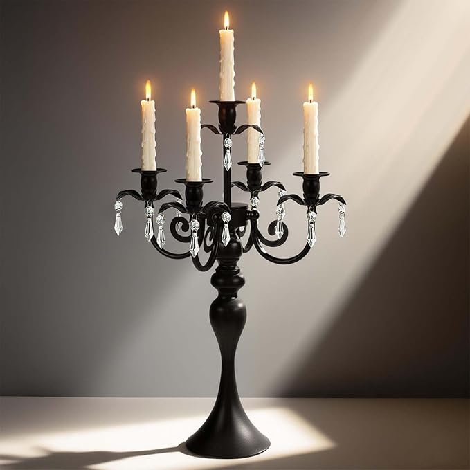 20''Tall Black Crystal Pendant Taper Candle Holders/Stylish Candle Stands/Candlesticks Holder/Candelabra for Home Decor, Weddings/Parties/Elegant Dining Table Centerpiece (1, Black, 5 Arm)