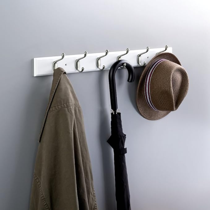Franklin Brass Heavy Duty (1-Pack) 27' Coat/Hat Rack Wall Mount Pure White 6 Hooks Mounted Hanging Rail for Clothes, Towels, Purses, Bags, Kitchen, Entry, Closet Organizer FBHDCH6-WSE-R