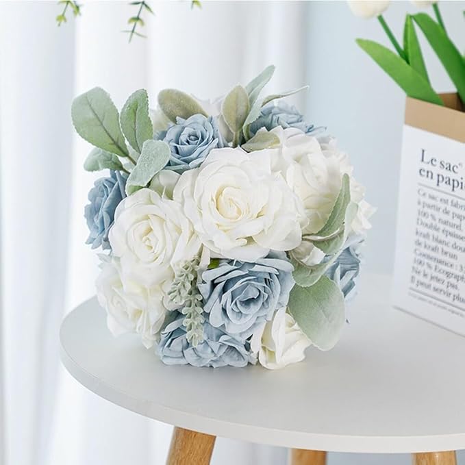 Artificial Rose Wedding Bouquets - Ribbon Faux Bridal Bouquets for Bride & Bridesmaid - Holding Flower for Wedding Decor