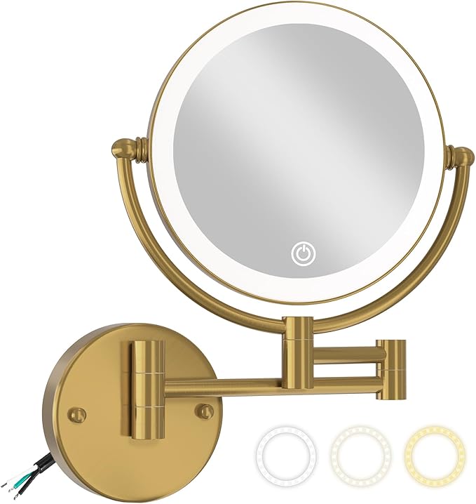 8" Make up Mirror Wall Mounted Lighted 10X Magnifying Hard Wired, Double Sides 3 Color Lighting Touch Dimming, 360 Swivel Extended Arm Shaving Light up Mirror for Bathroom, Brushed Moderne Brass