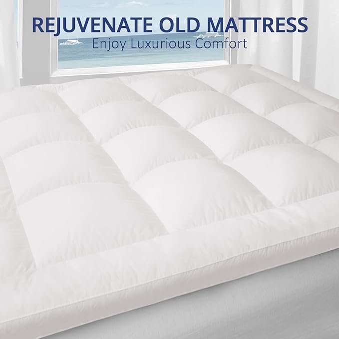 ELEMUSE 1300 GSM Mattress Topper Queen with Baffle Box Design,Extra Thick Cooling Pillow Top Pad, 400TC Cotton Cover, Plush & Support Snow Down Alternative, White