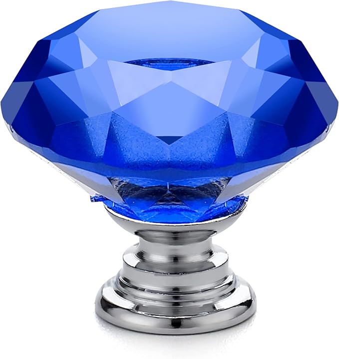 Ravinte 25 Pack Blue Crystal Knobs for Dresser Drawers - 30 mm Glass Cabinet Diamond Shaped Knobs with Silver Base