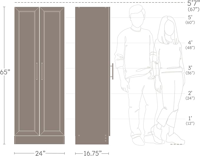 Prepac Elite Plus 24" Wide Storage Accent Cabinet with Panel Doors, White Storage Cabinet, Bathroom Cabinet, Pantry Kitchen with 3 Shelves 16.75" D x 24" W x 65" H