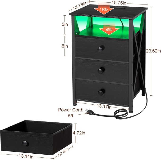 AMHANCIBLE LED Nightstand with Charging Station, Smart End Side Table with USB Port & Power Outlet, Bedside Table with Fabric Drawers for Bedroom, Living Room, Black, HET053LBK1