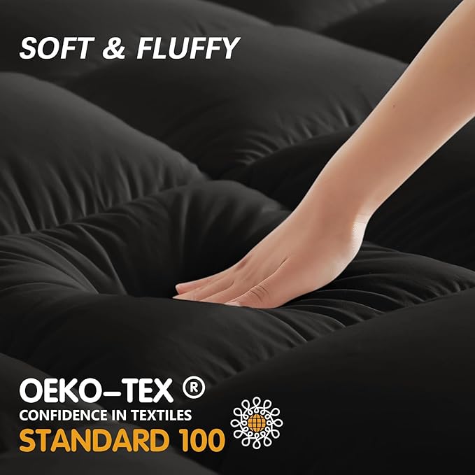 CYMULA Queen Mattress Topper, Black Mattress Pad Bed Topper Cover, Extra Thick Pillow Top Mattress Topper with Deep Pockets, Cooling Plush Down Alternative Fill Mattress Protector