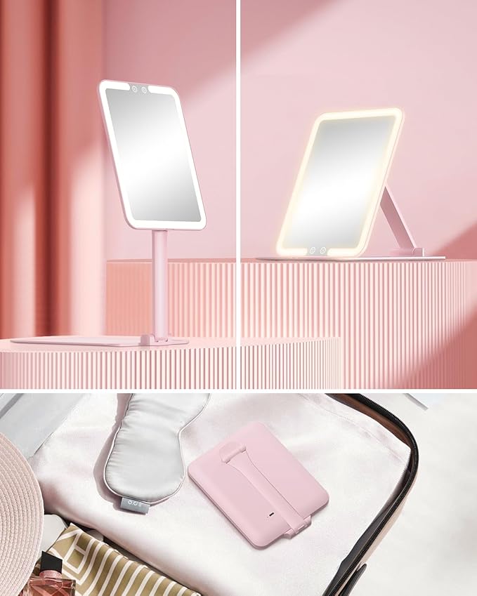 Gospire Travel Makeup Mirror with Lights and Magnification 10X, Portable Make Up Compact Tabletop Mirror with Adjustable Stand, 3 Colored Lights Rechargeable Lighted LED Vanity Mirror - Pink