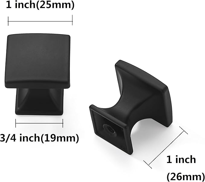 Khtumeware 6 Pack 1 inch Matte Black Cabinet Knobs Zinc Kitchen Drawer Pulls Square Knobs for Dresser Drawers