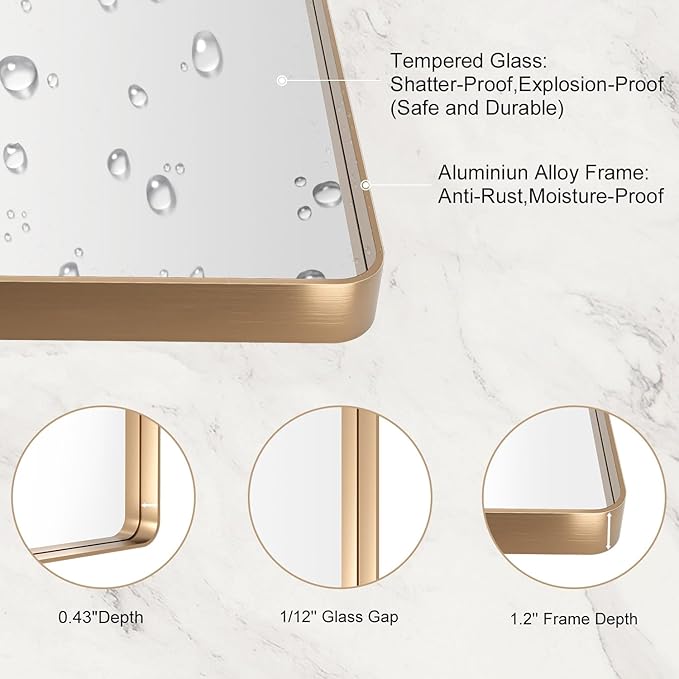 LOAAO 72”X36” Gold Bathroom Mirror, Rounded Rectangle Gold Frame Mirror, Brushed Gold Bathroom Vanity Mirror Wall-Mounted, Anti-Rust, Tempered Glass, Hangs Horizontally or Vertically
