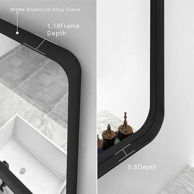Black Bathroom Mirror for Wall, 55x30 Large Matte Black Vanity Mirror for Bathroom, Rounded Rectangle Mirror, Anti-Rust, Shatterproof (Horizontal/Vertical)