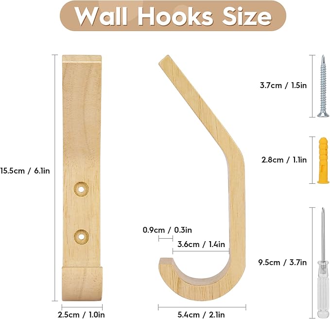Wooden Coat Hooks Wall Hooks,Natural Oak Wood Hooks Decorative Vintage Wood Wall Hooks Organizer Heavy Duty Wall Mounted Hooks for Hanging Coats, Key, Cap, Cup (6 Pack)