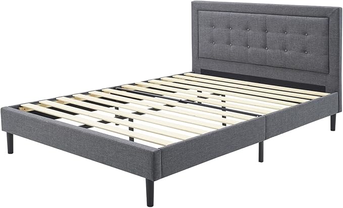DeCoro Mornington 2.0 Upholstered Platform Bed | Headboard and Metal Frame with Wood Slat Support, Grey, King Size