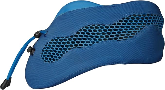 Evolution Cool Travel Neck Pillow by Cabeau - Cooling Airflow Vents, Memory Foam Neck Support, and Adjustable Clasp - Comfort On-The-Go with Carrying Case - Airplane, Train, Car, and Gaming (Blue)