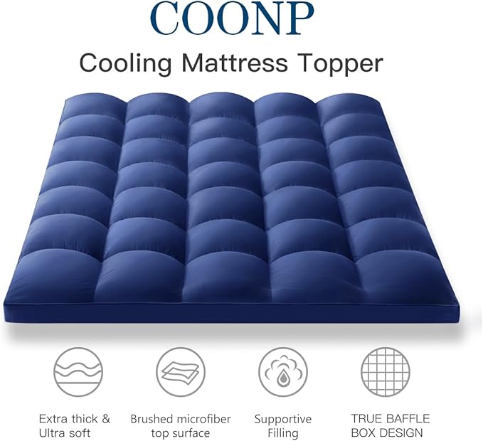 COONP Queen Mattress Topper, Extra Thick Pillowtop, Cooling Plush Mattress Pad Cover Bed Topper Protector with 8-21 Inch Deep Pocket (Navy Blue, Queen)