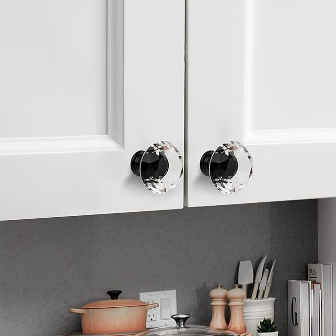 Ravinte 25 Pack Crystal Knobs for Dresser Drawers - 30 mm Glass Cabinet Knobs With Black Base, Diamond Shaped