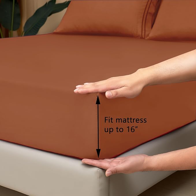 Mejoroom King Size Bed Sheet Set - Hotel Luxury 1800 Bedding Sheets & Pillowcases - 16" Deep Pocket Fitted Sheet, Soft, Wrinkle & Breathable, Fade Resistant - 4 Piece(King, Terracotta)