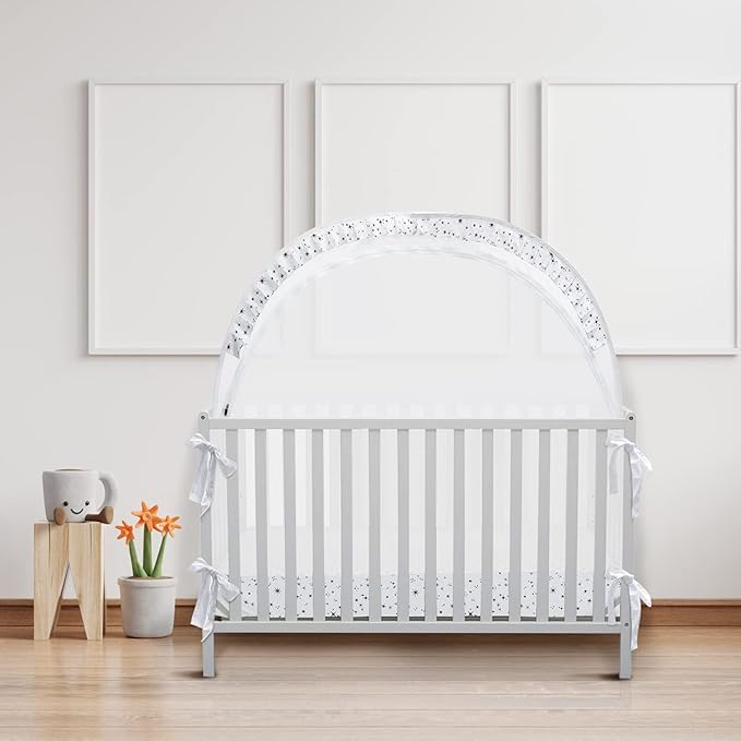 Baby Pop Up Crib Tent, Crib Net to Keep Baby from Climbing Out, Crib Canopy Cover Against Falling and Bites, Strong Frame & Soft Breathable Mesh, White+stars