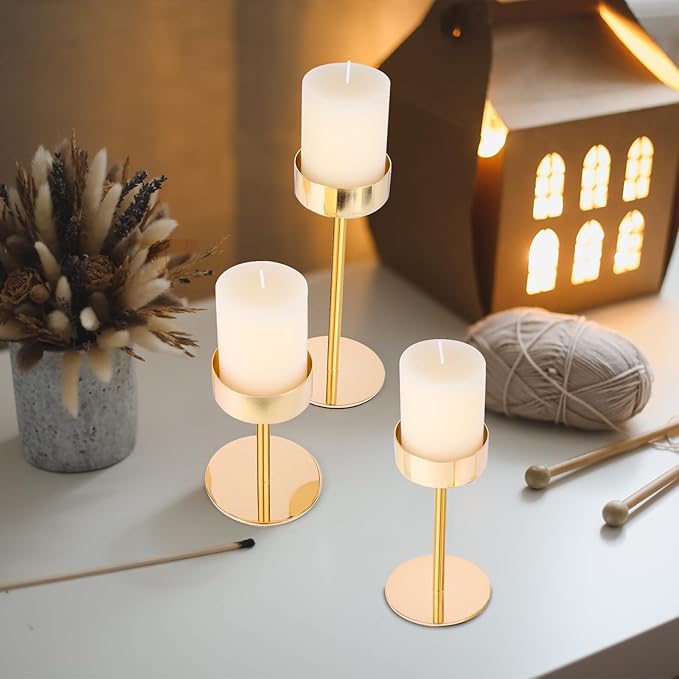 Pillar Candle Holders Set of 3, 3.15" Diameter Gold Metal Candlestick Holder for Pillar & Flameless Candles. Ideal Decoration for Table,Fireplace,Living,Dining Room,Perfect for Wedding,House Gift.