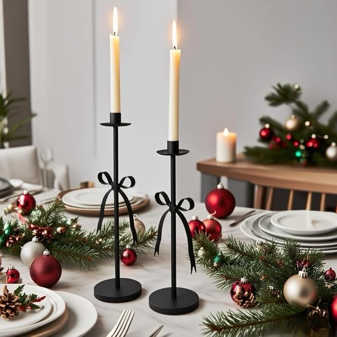 Black Taper Candle Holder Set of 2-Metal Bow Candle Sticks Holder Decor,Modern Tall Candle Holder,Decorative Candlesticks for Fireplace, Wedding, Holiday & Christmas