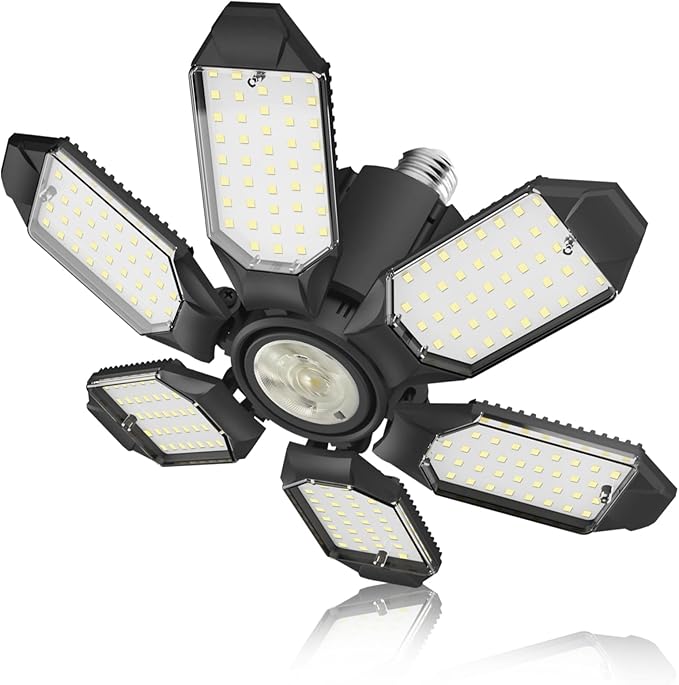 Adiding LED Garage Light, Bright 10000 Lumen LED Workshop Basement Lighting Fixture with Adjustable Spotlight and 6 Deformable Panels fit for E26 E27 Bulb Socket for Warehouse Attic Cellar Workspace