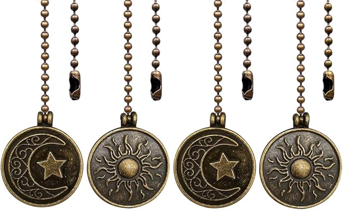 Copper Ceiling Fan Pull Chain Set, Decorative Totem Fan Pull Chain Pendant Extension, 12 Inches Lighting & Fan Beaded Ball Chain Extender Ornament with Connector, Moon and Sun (4Pack)