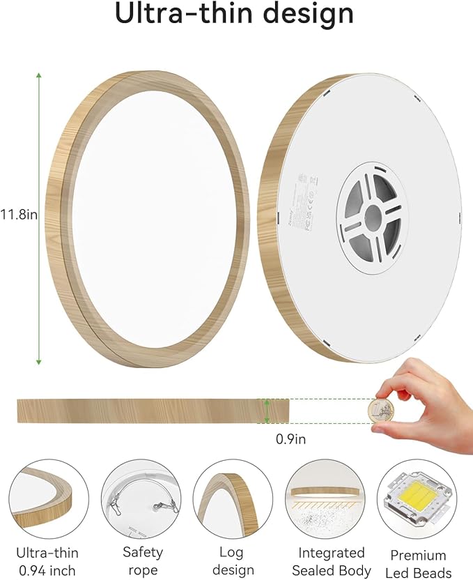 zemty LED Ceiling Light Wood - 12In 28W 3200lm Flush Mount Ceiling Light with 3 Color Temperature 3000K/4500K/6000K - Round Flat Light Fixture for Kitchen Bathroom Shower, 2Pack