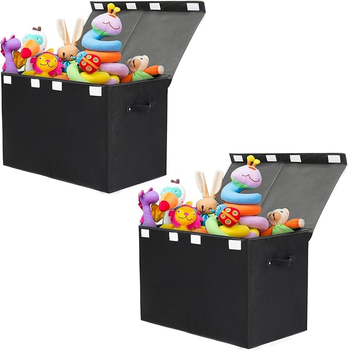 2 Pack Large Toy Box Chest Storage with Flip-Top Lid, Collapsible Kids Toy Storage Bin Boxes s for Toys, Playroom Organizers, 25"x13" x16" (Linen Black)
