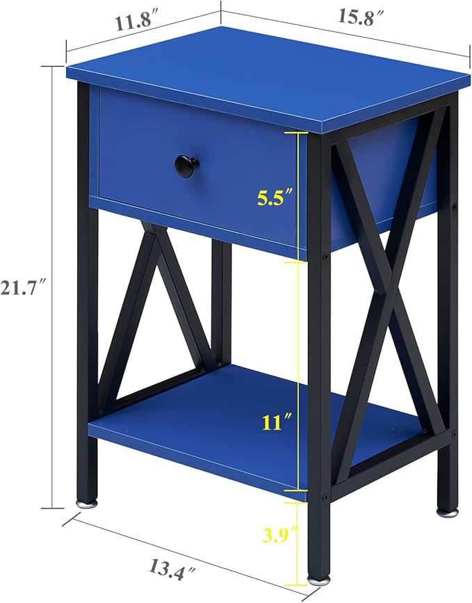 VECELO Nightstands Set of 2, Modern Bedside End Tables, Night Stands with Drawer and Storage Shelf for Living Room Bedroom, Industrial Metal Frame