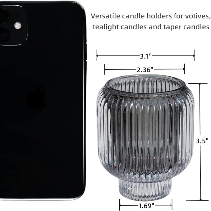Woho Grey Ribbed Votive Candle Holders Set of 4, Vintage Tea Lights Candle Holder for Daily Home Decor, Glass Tealight Candle Holder for Halloween/Thanksgiving Decor(Grey, 3.5'' Tall 3.1'' Diameter)