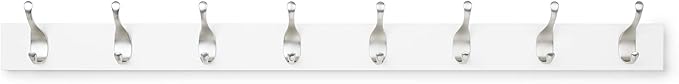 Amazon Basics Wall Mounted Modern Coat Rack with Versatile Storage Hooks, Rectangular, 8-Hook, White