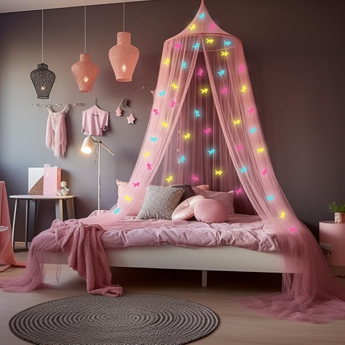 Pink Canopy for Girls Bed with Pre-Glued Glow in The Dark Unicorns - Princess Mosquito Net Room Decor - Kids & Baby Bedroom Tent with Galaxy Lights - 1 Opening Canopy Bed & Hanging Kit Included