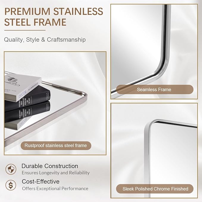 ANDY STAR 28x36 INCH Chrome Bathroom Mirrors, Polished Chrome Bathroom Mirror, Rounded Rectangle Mirror, Anti-Rust SUS304, Tube Metal Frame, 1’’ Deep Wall Mounted Vertically/Horizontal for Bathroom