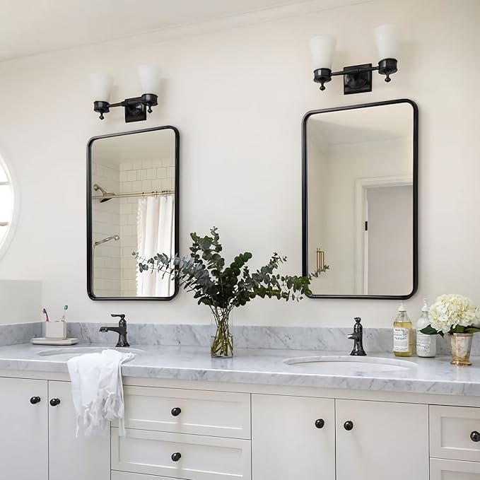 ANDY STAR 24x32 INCH Black Bathroom Mirror, Black Bathroom Vanity Mirrors for Wall, Rounded Rectangle Mirror for Bathroom, Tube Metal Frame, 1’’ Deep Wall Mounted Vertical/Horizontal