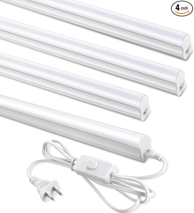 (4 Pack) 4FT T5 LED Shop Light,6500K,20W,2300LM(Super Bright White) Linkable LED Integrated Fixture,Garage Ceiling and Cabinet Light,Strip Light,Corded Electric with ON/Off Switch