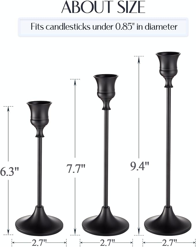 Black Candlestick Holders, Taper Candle Holders, Set of 6 Matte Black Candle Holder Set, Vintage Table Centerpiece for Wedding Christmas Holiday