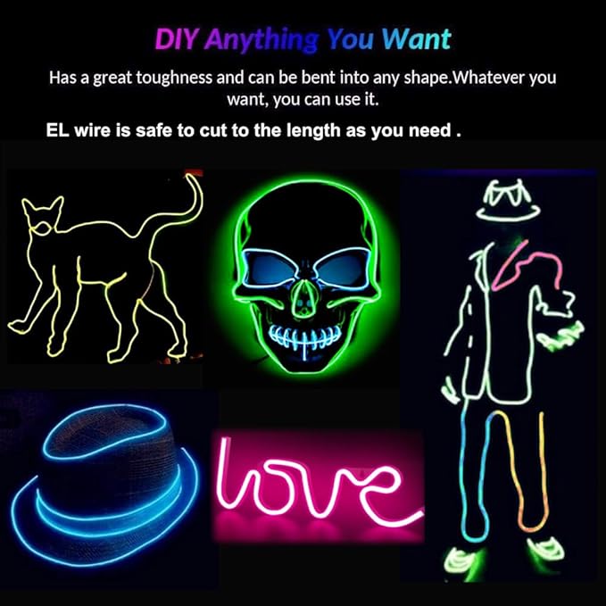 MaxLax EL Wire Mutilcolor, 9.8ft/3m Portable Battery Pack Neon Light Strip 360° Cuttable Glowing Rope Lights for Parties, Halloween, DIY Decoration