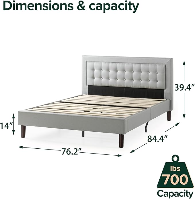 ZINUS Dachelle Upholstered Platform Bed Frame, Mattress Foundation, Wood Slat Support, No Box Spring Needed, Easy Assembly, Grey Sand, King