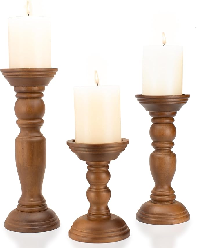 Rustic Wooden Pillar Candle Holders Set of 3, 12'' 9'' 6'' Farmhouse Wood Candle Stand for Table Centerpieces, Vintage Tall Candleholders Fireplace Mantel Decor for Living Room, Brown