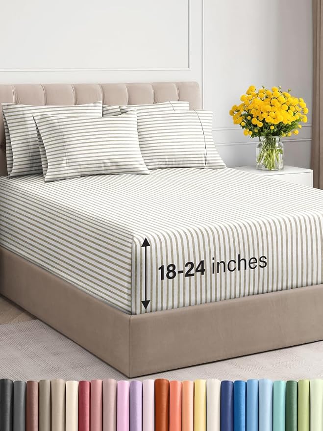 Extra Deep King Sheet Set - 6 Piece Breathable and Cooling Sheets - Hotel Luxury Bed Sheets Set - Easy Fit - Soft, Wrinkle Free and Comfy Sheets Set - Beige Striped Sheet Set with Extra Deep Pockets