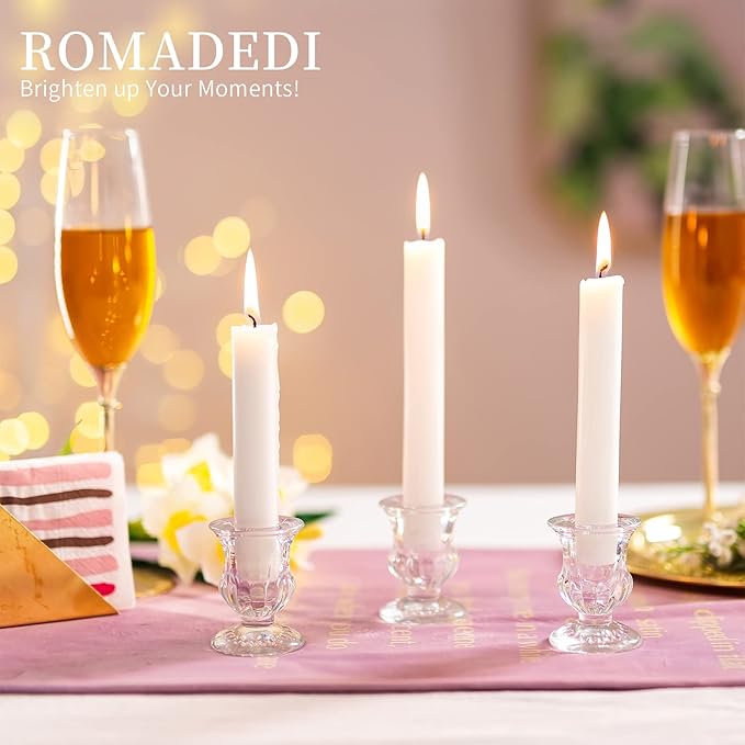 Romadedi Glass Taper Candle Holders - Set of 10 Clear Small Candlestick Holder Bulk, Thicker Glass Candle Sticks Set for Wedding Christmas Party Dining Table Table Centerpiece Decor