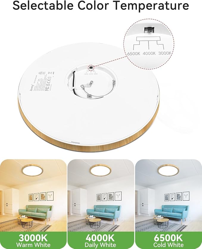 zemty LED Ceiling Light Wood - 12In 28W 3200lm Flush Mount Ceiling Light with 3 Color Temperature 3000K/4500K/6000K - Round Flat Light Fixture for Kitchen Bathroom Shower, 2Pack