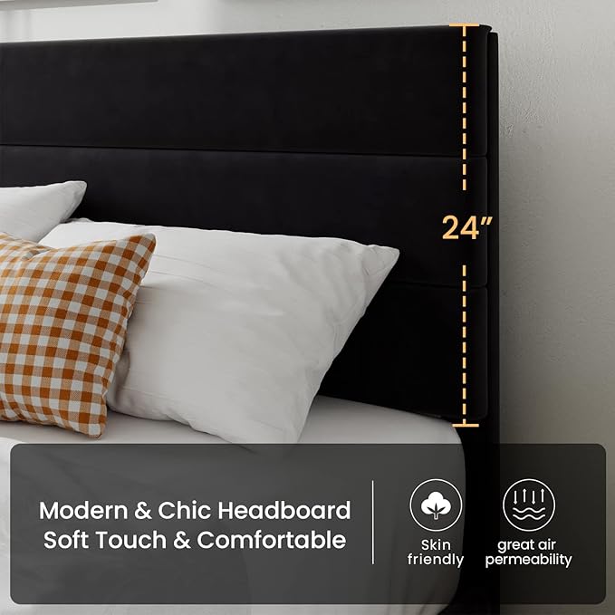 SHA CERLIN Queen Platform Bed Frame with Velvet Upholstered Headboard, Mattress Foundation with Strong Wooden Slats Support, No Box Spring Needed, Black