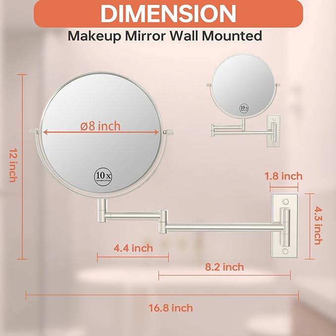 8" Wall Mounted Makeup Mirror 1X/ 10x Magnifying Mirror Double Sided Vanity Makeup Mirror for Bathroom Nickel Brush Finish