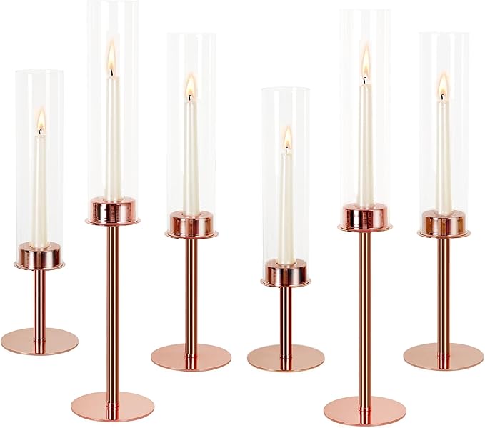 Hurricane Candle Holders Set of 6 Metal Candlestick Holder for Glass Taper Tall Candle Holders with Crystal Chimney Tube Candles Stands for Home Decor, Christmas, Dinning (6, Rose Gold)