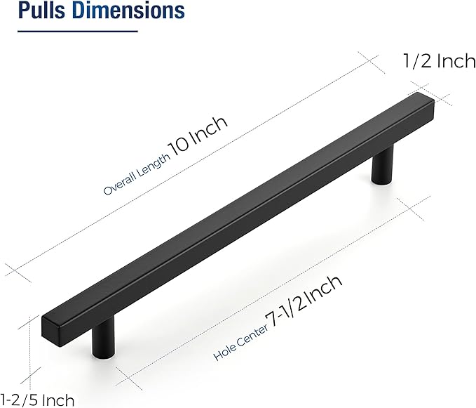 JOY DECOR 60 Pack 7-1/2 Inch Matte Black Square Cabinet Handles Stainless Steel Cabinet Hardware Pulls for Kitchen and Drawers with 10 Inch Overall Length