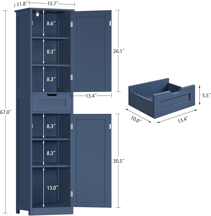 Iwell 67" Tall Bathroom Cabinet, Storage Cabinet with 2 Doors & 1 Drawer, Bathroom Storage Cabinets with Adjustable Shelves, for Living Room, Laundry Room, Home Office, Blue
