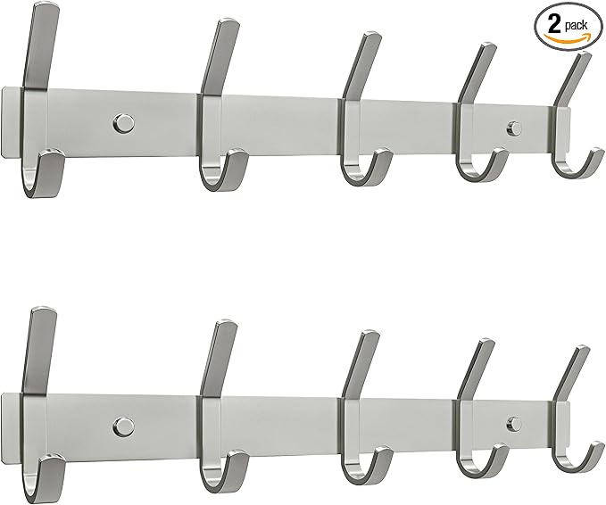 Coat Rack Wall Mount – Brushed Nickel 15 Inch Stainless Steel Hook Rail with 5 Heavy Duty Double Coat Hooks – Wall Mounted Coat Hanger for Entryway, Bathroom, Bedroom, Towel, Hat Organizer - 2 Pack