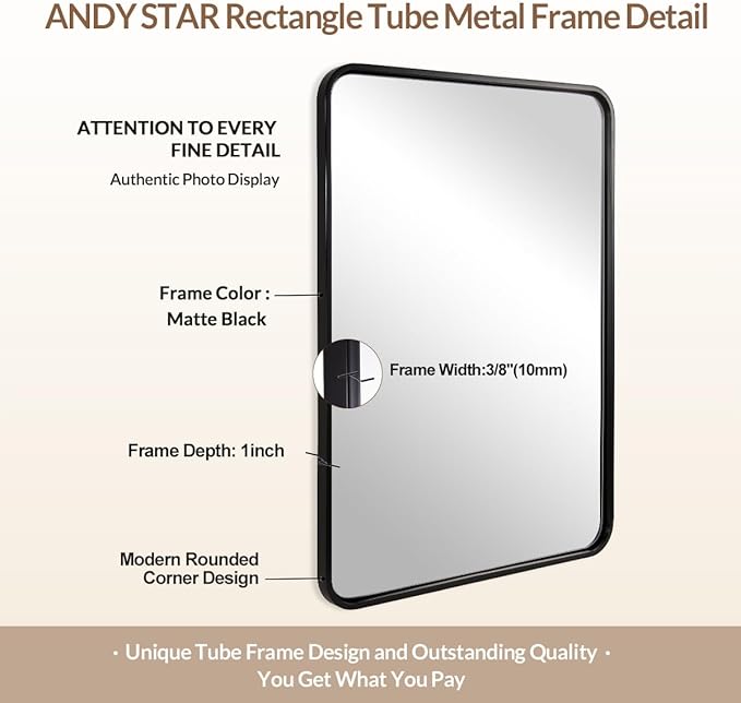 ANDY STAR 24x32 INCH Black Bathroom Mirror, Black Bathroom Vanity Mirrors for Wall, Rounded Rectangle Mirror for Bathroom, Tube Metal Frame, 1’’ Deep Wall Mounted Vertical/Horizontal