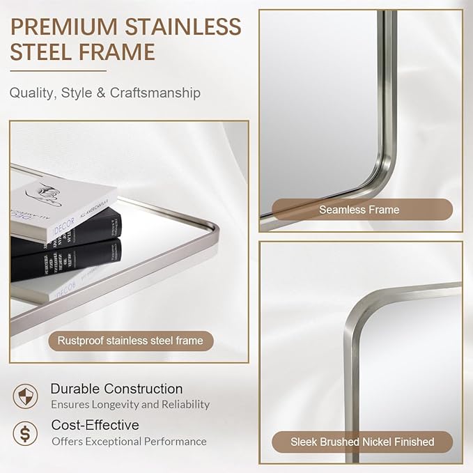 ANDY STAR 36x36 Inch Brushed Nickel Bathroom Mirror, Rounded Square Bathroom Vanity Mirrors for Wall, Anti-Rust SUS304, Seamless Tube Metal Frame, 1’’ Deep Wall Mounted Vertically/Horizontal