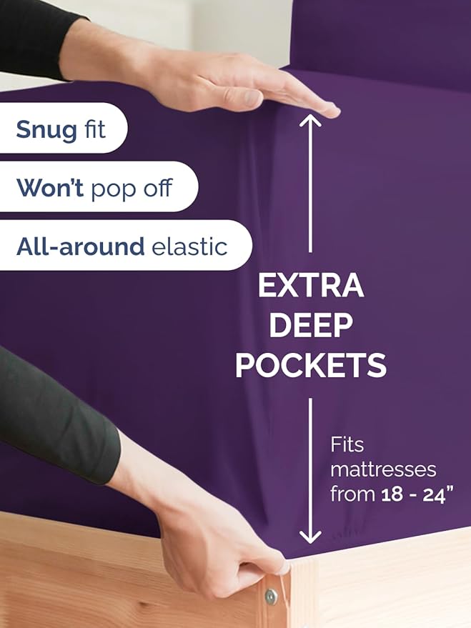 Extra Deep Split King Sheet Set - 7 Piece Breathable and Cooling Sheets - Hotel Luxury Bed Sheets Set - Easy Fit - Soft, Wrinkle Free and Comfy Sheets Set - Purple Sheet Set with Extra Deep Pockets